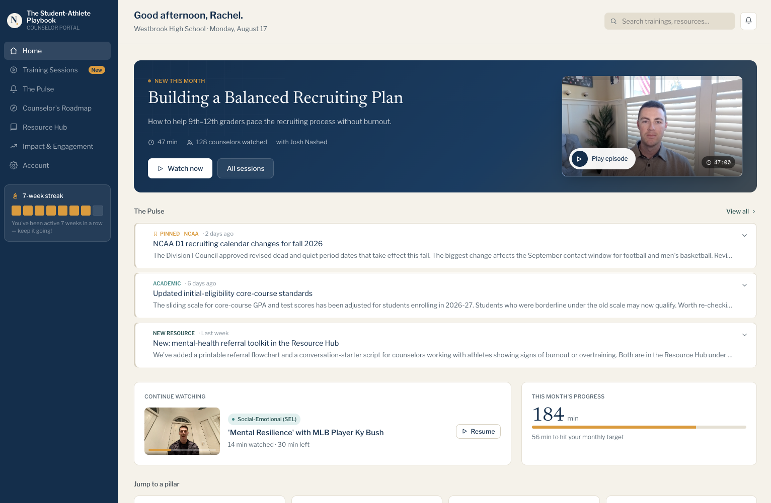 The Counselor Portal dashboard: training sessions, The Pulse updates, and monthly progress