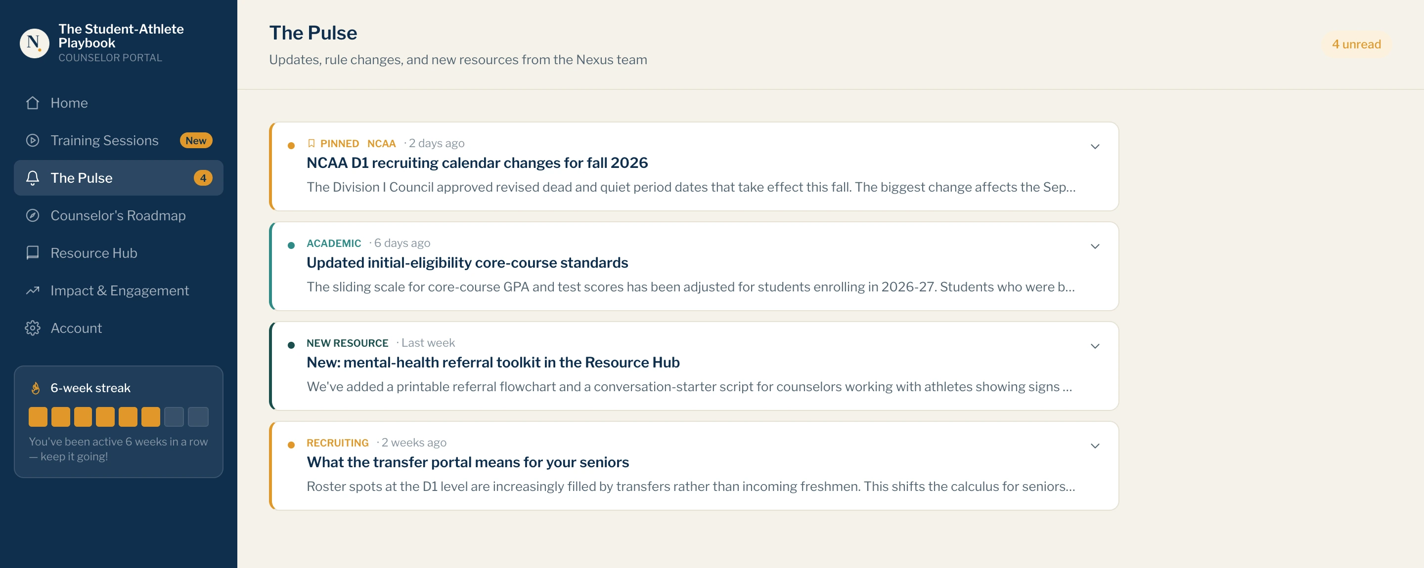 The Pulse feed in the counselor portal, showing recruiting-landscape updates