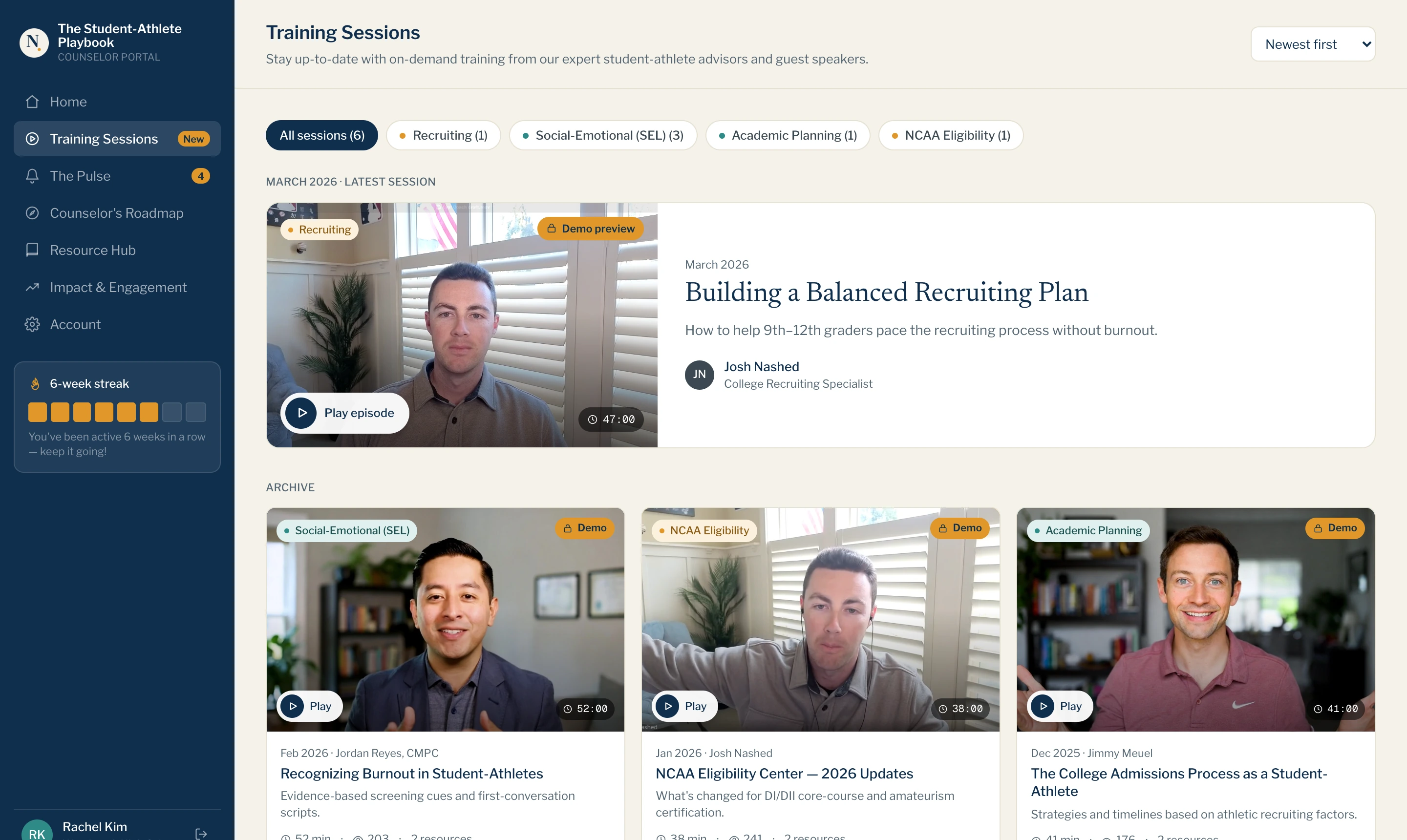The counselor portal Training Sessions page, with on-demand PD videos